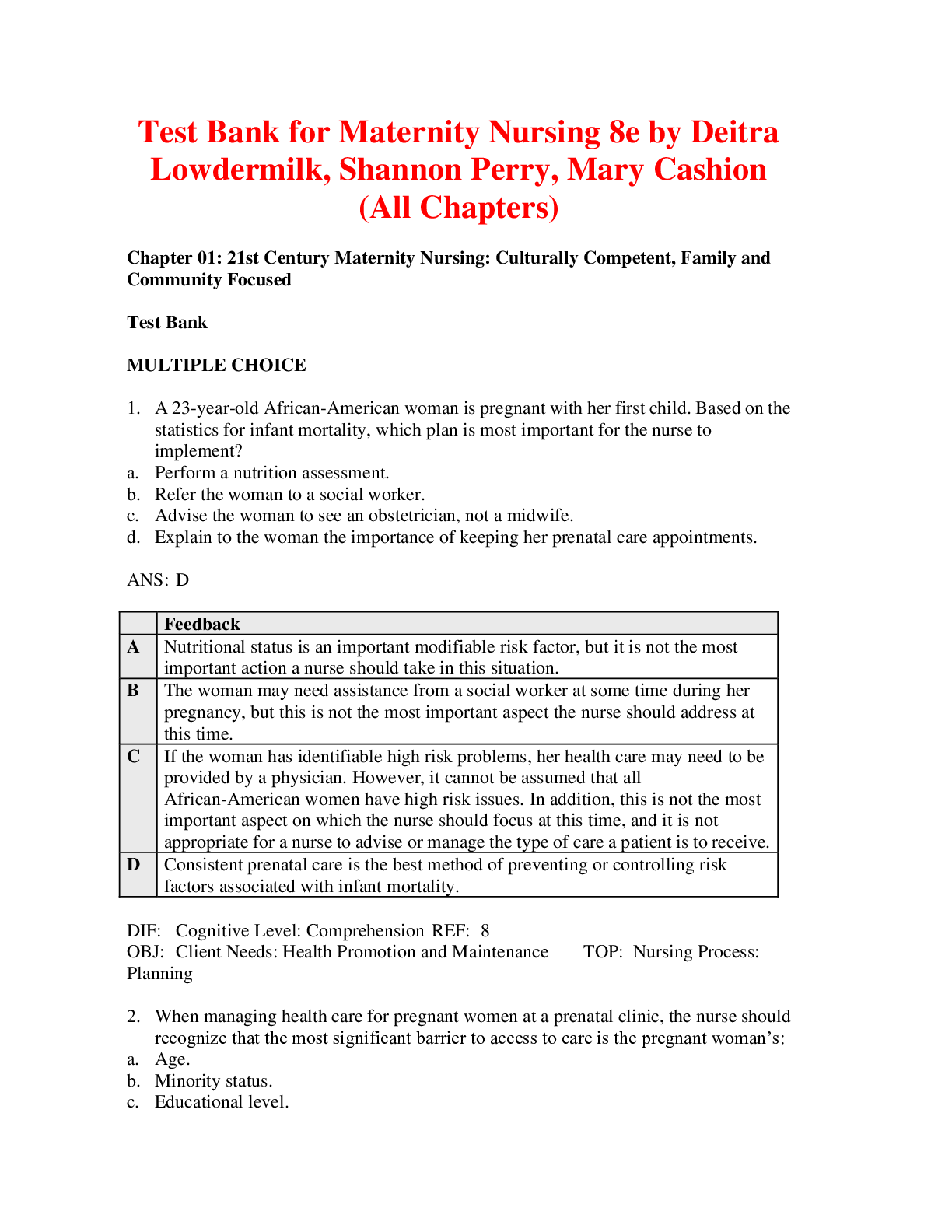 Preview of Maternity Nursing 8e by Deitra Lowdermilk, Shannon Perry, Mary Cashion (Test Bank)